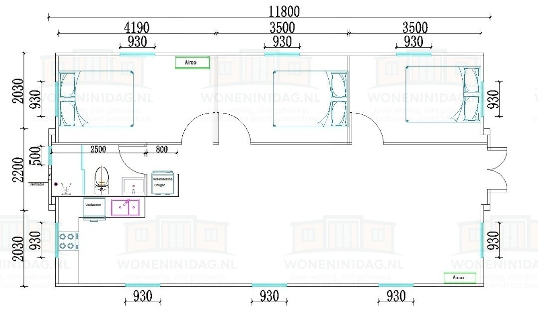 Plattegrond van Model Quatro prefab woonunit van 72 vierkante meter van Wonen in 1 Dag
