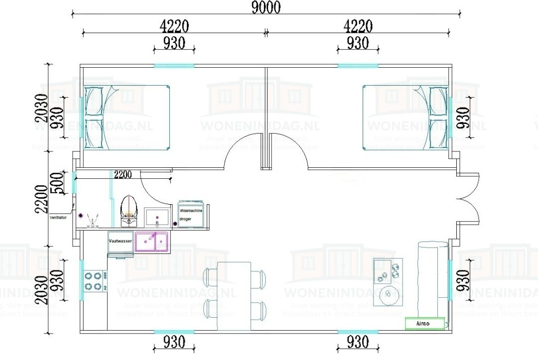 Plattegrond van Model Trio prefab woonunit van 54 vierkante meter van Wonen in 1 Dag
