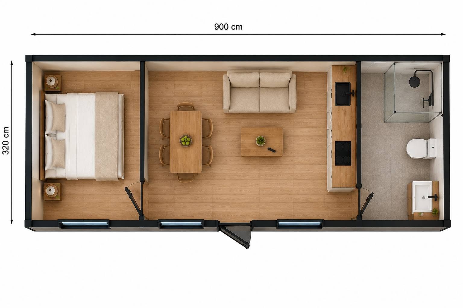 Plattegrond van de 3 meter brede prefab woonunit van Wonen in 1 Dag